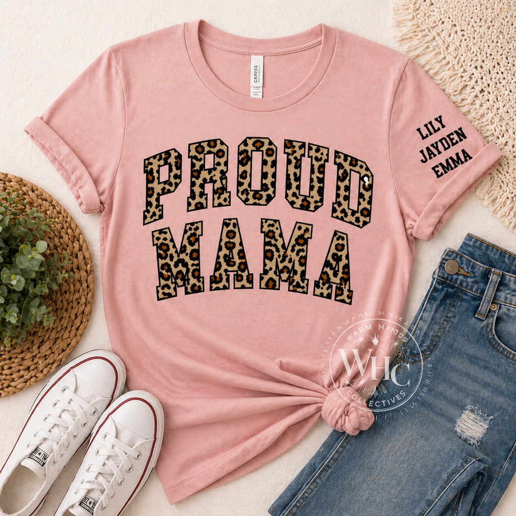 Custom Proud Mama Leopard Print Shirt | Personalized Mom Tee | Kids Names Sleeve | Est Year Back