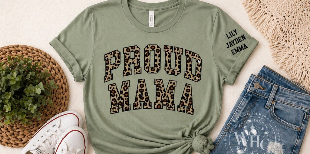 Custom Proud Mama Leopard Print Shirt | Personalized Mom Tee | Kids Names Sleeve | Est Year Back
