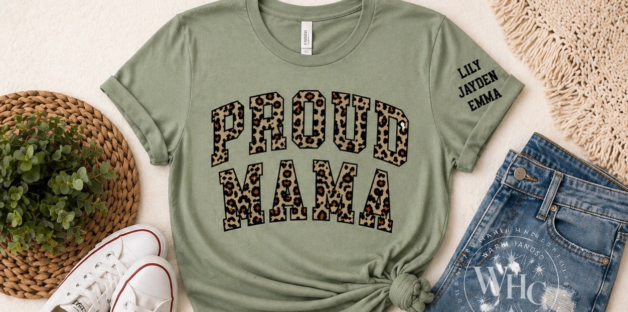 Custom Proud Mama Leopard Print Shirt | Personalized Mom Tee | Kids Names Sleeve | Est Year Back