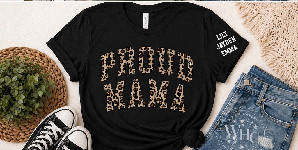 Custom Proud Mama Leopard Print Shirt | Personalized Mom Tee | Kids Names Sleeve | Est Year Back