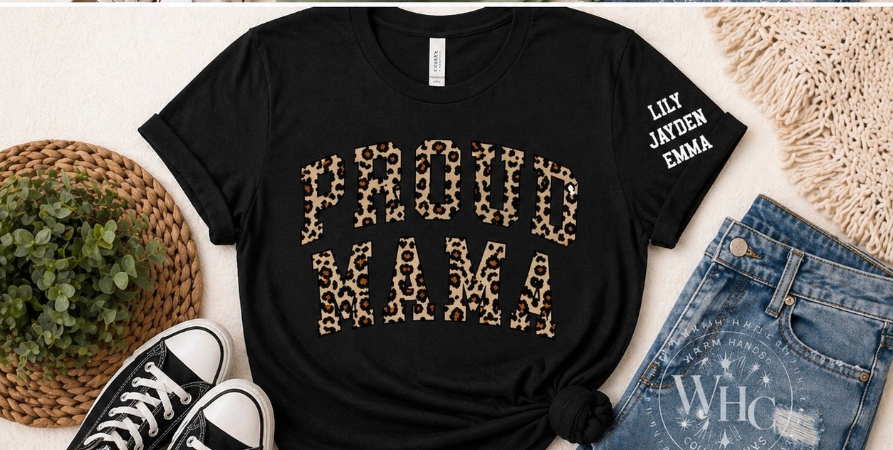 Custom Proud Mama Leopard Print Shirt | Personalized Mom Tee | Kids Names Sleeve | Est Year Back