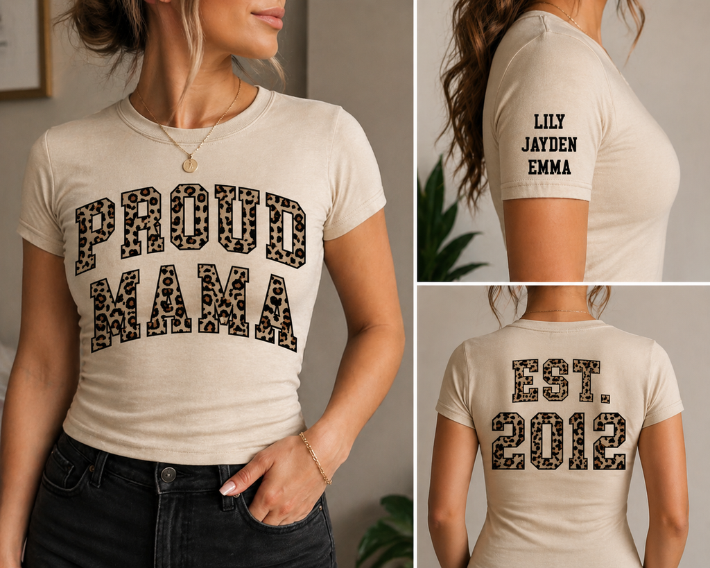 Custom Proud Mama Leopard Print Shirt | Personalized Mom Tee | Kids Names Sleeve | Est Year Back
