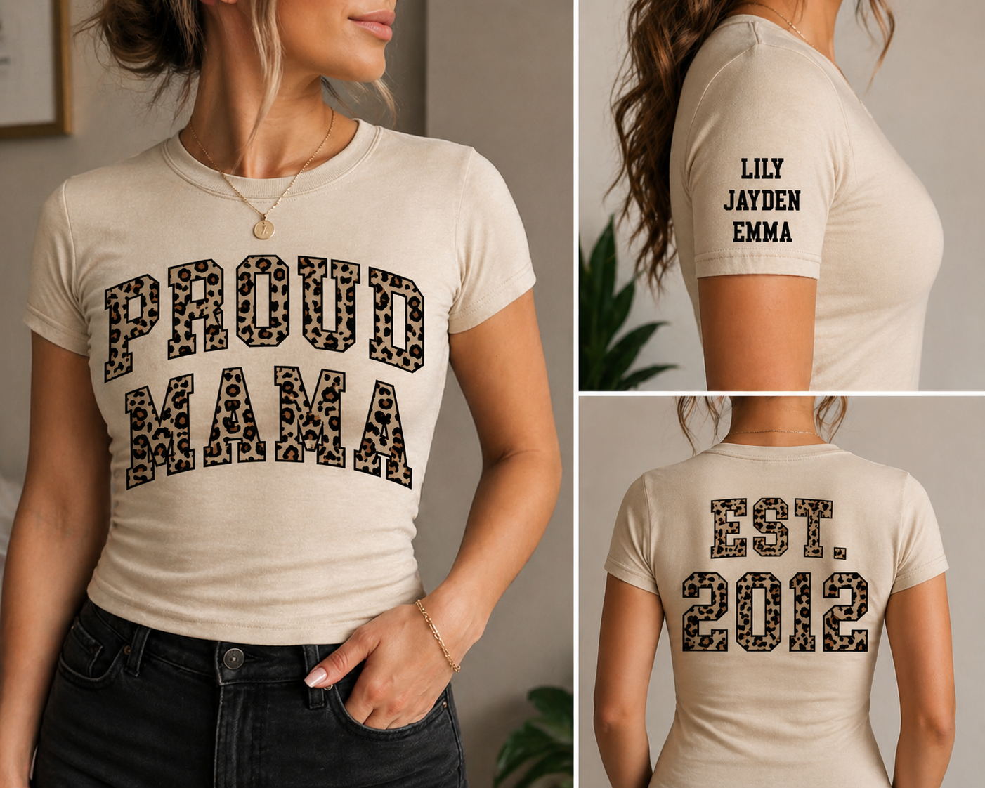 Custom Proud Mama Leopard Print Shirt | Personalized Mom Tee | Kids Names Sleeve | Est Year Back