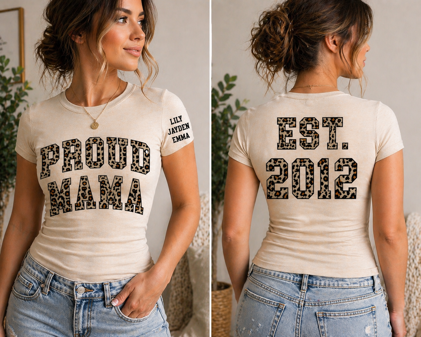 Custom Proud Mama Leopard Print Shirt | Personalized Mom Tee | Kids Names Sleeve | Est Year Back