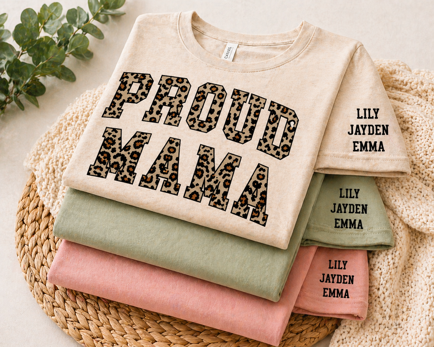 Custom Proud Mama Leopard Print Shirt | Personalized Mom Tee | Kids Names Sleeve | Est Year Back