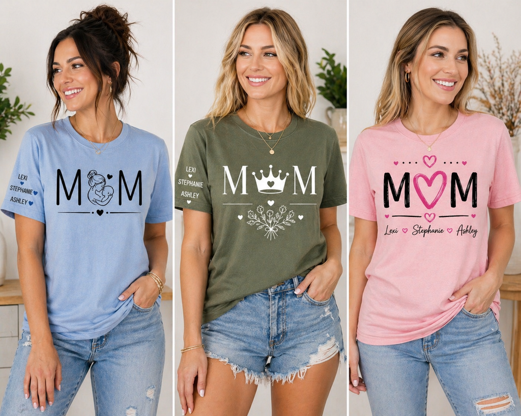 Custom MOM Shirt with Kids Names – Personalized Mother’s Day T-Shirt | Sleeve Name Design | Gift for Mom